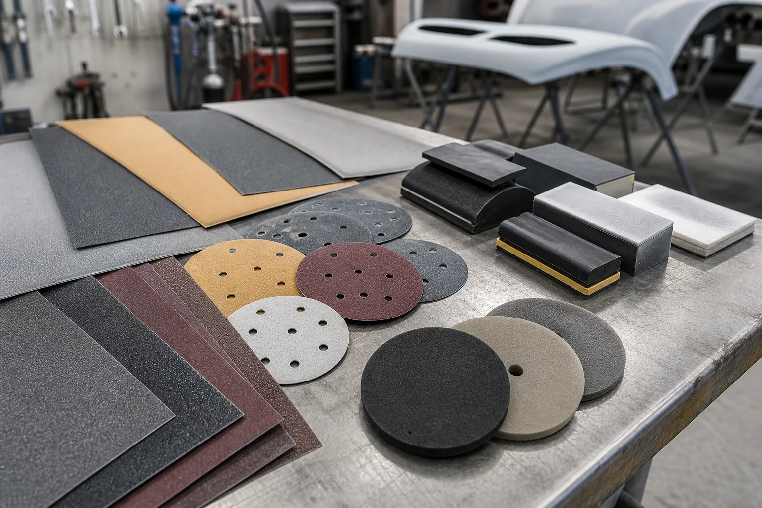 Close-up of automotive sandpaper sheets, round sanding discs, sanding blocks, and foam interface pads on a workbench