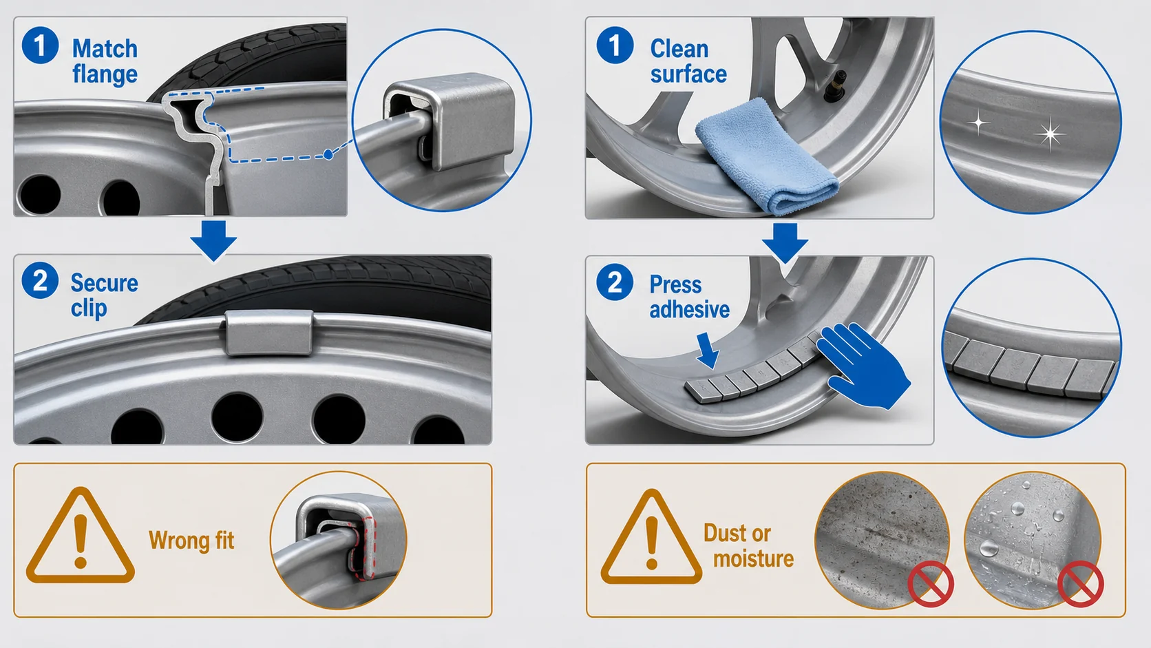 Installation comparison for clip-on and stick-on wheel weights