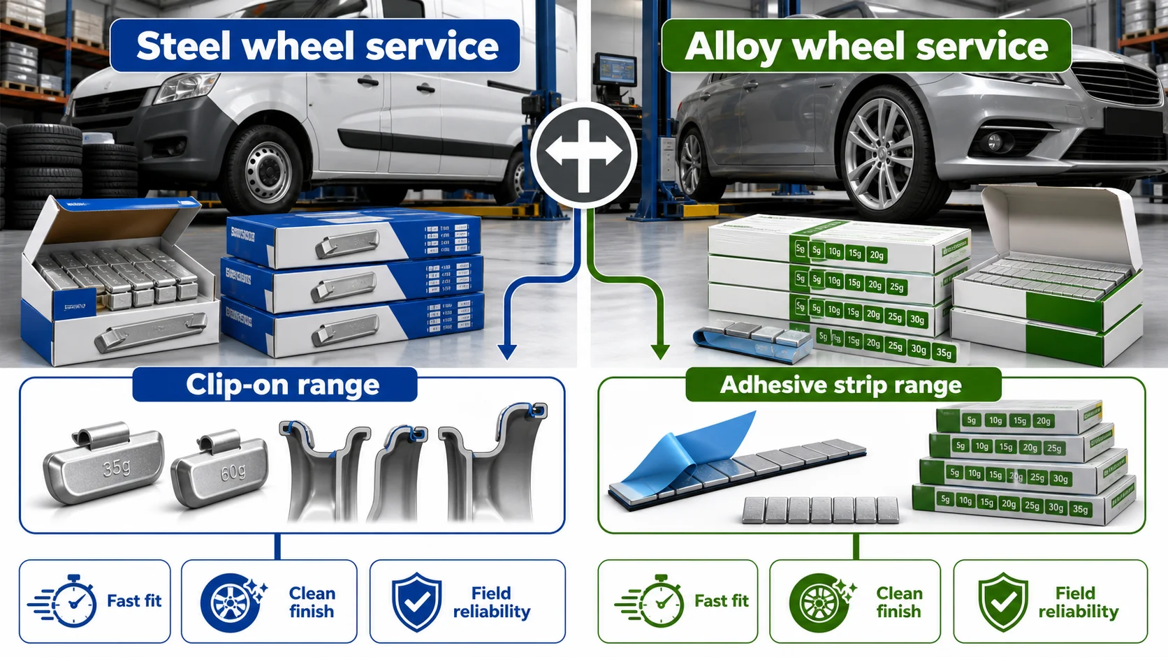 Stocking comparison for clip-on and stick-on wheel weights