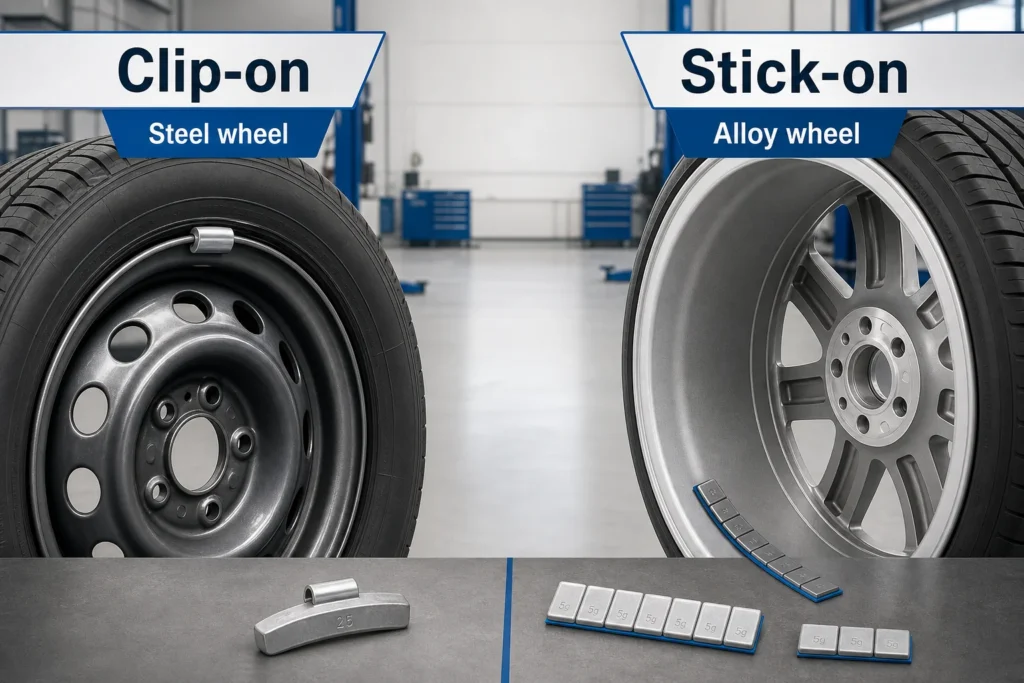 Comparison of clip-on wheel weights on a steel wheel and stick-on wheel weights inside an alloy wheel