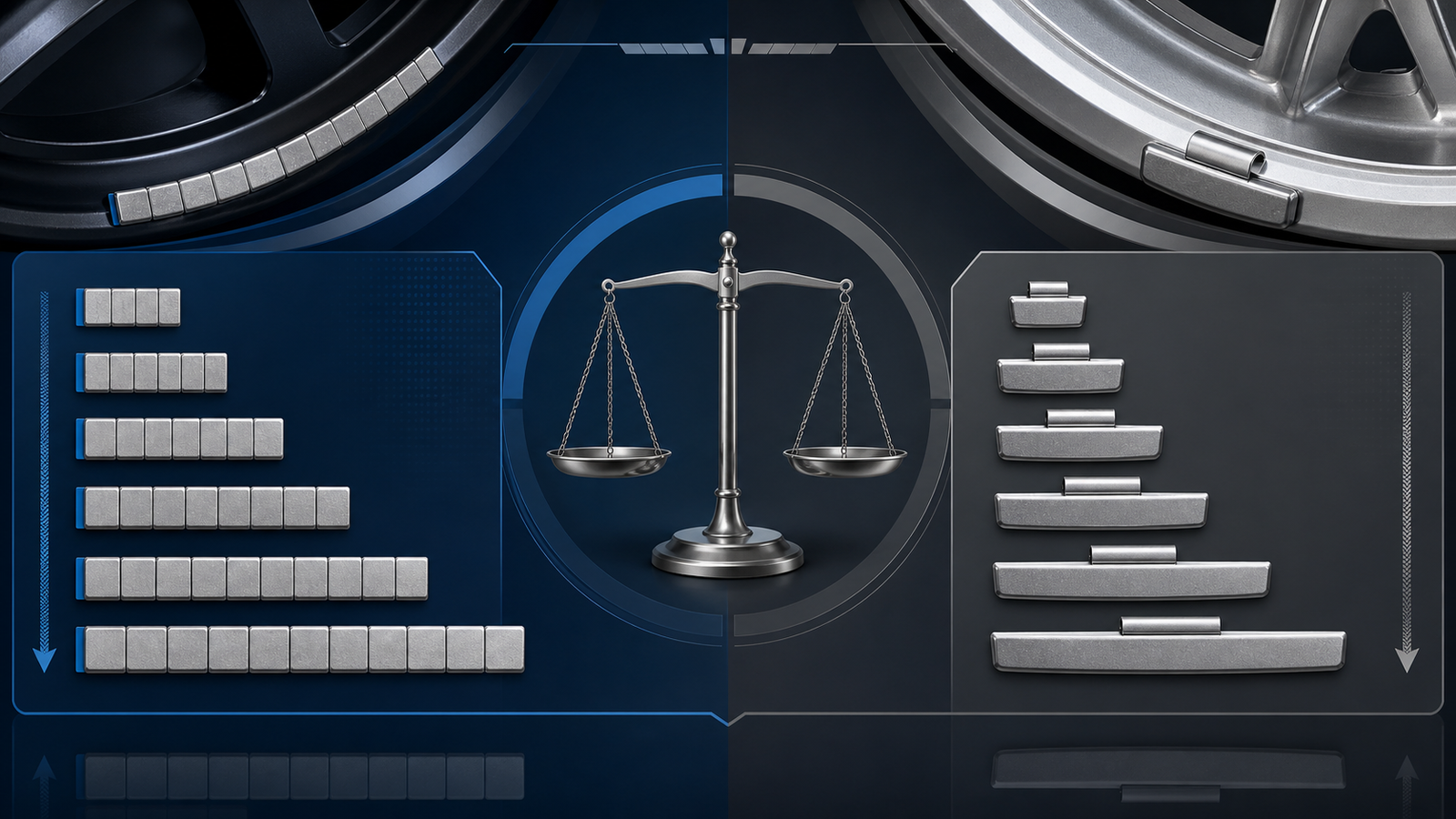 Wheel Weight Size Chart: Grams, Ounces, and Common Specifications 1 Comparison of adhesive wheel-weight segments and clip-on wheel weights across gram and ounce size systems
