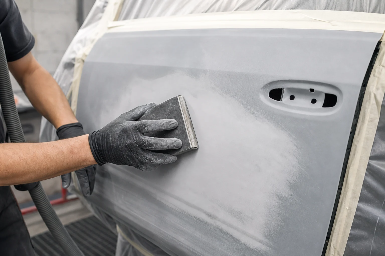 Auto body technician sanding primer on a repaired car door with a hand sanding block