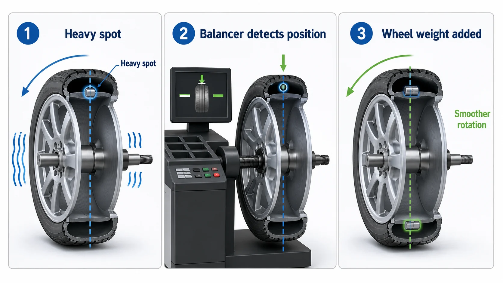 What Are Wheel Weights? Purpose, Types, and How They Work 1 Diagram showing how wheel weights correct imbalance