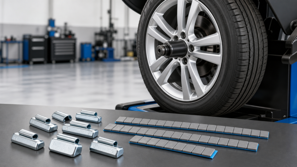 Zinc-coated clip-on and adhesive lead-free wheel weights beside an alloy wheel on a balancing machine