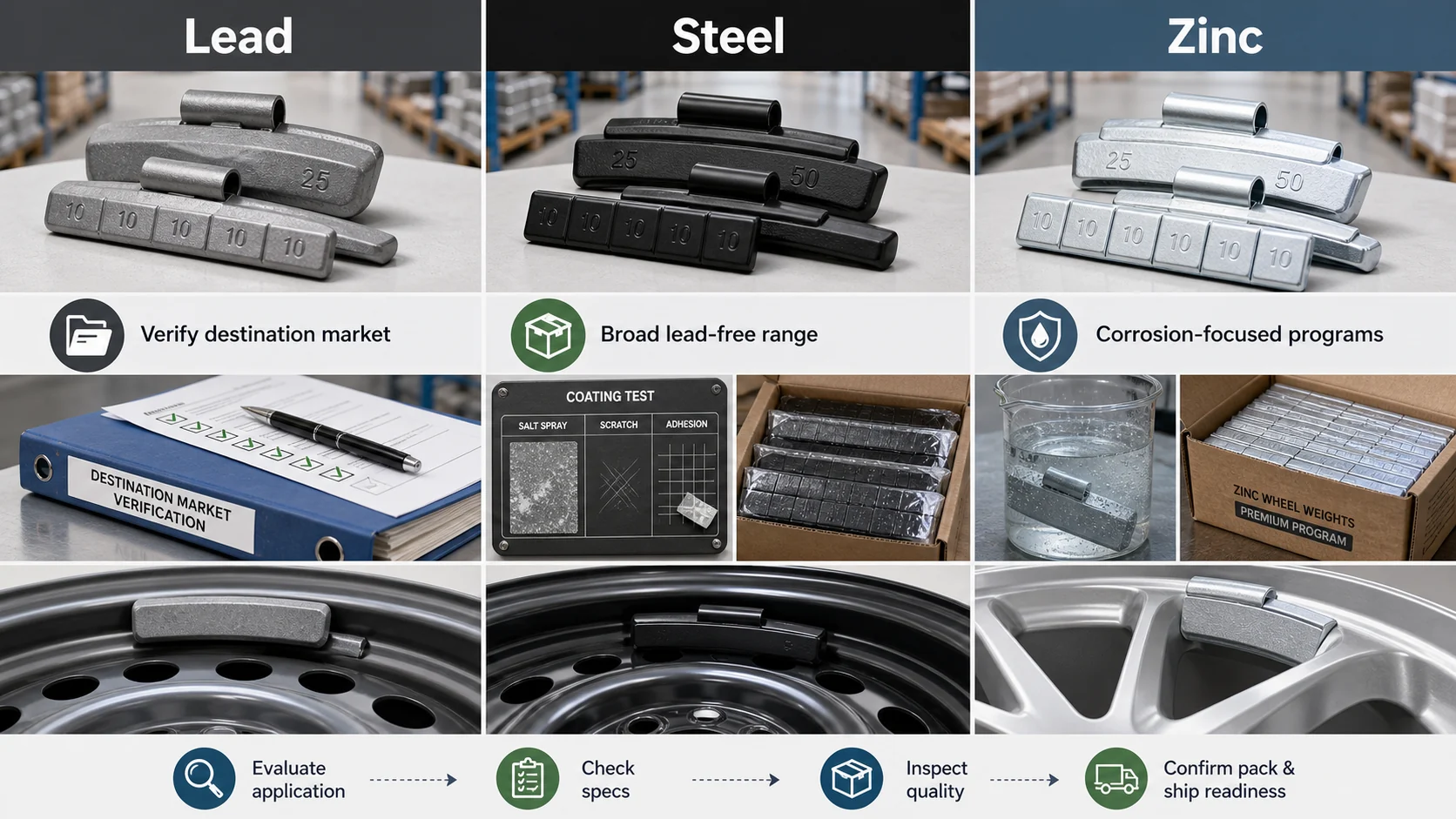 Lead vs Steel vs Zinc Wheel Weights: Material Comparison Guide 2 Sourcing decision infographic for lead, steel, and zinc wheel weights