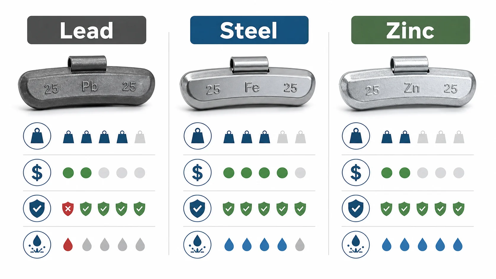 Wheel Balance Weights: Complete Guide to Types, Materials, Sizes, and B2B Buying 2 Infographic comparing lead, steel, and zinc wheel weight materials