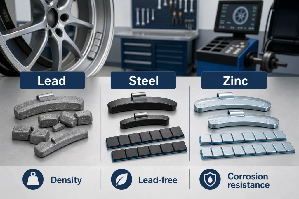 Lead, steel, and zinc wheel weights arranged for a material comparison beside a balancing machine