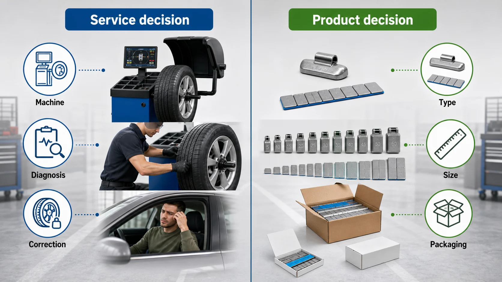 Infographic comparing balancing service decisions and wheel weight product decisions