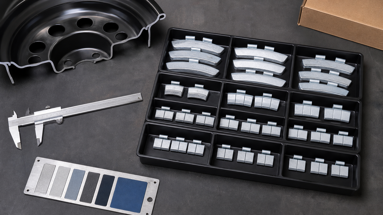 Wheel Weights for Steel Wheels: Clip-On Types, Rim Flange Sizes, and Uses 2 Clip-on wheel weight sample range in trays beside a steel rim cross-section and caliper
