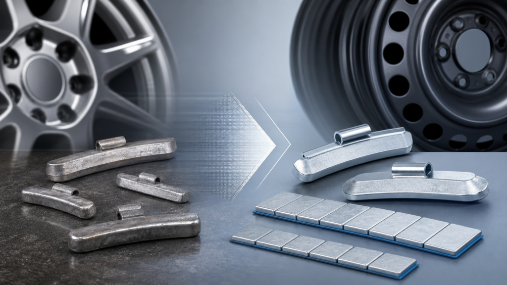 Steel clip-on and adhesive wheel weights illustrating the shift from lead to steel