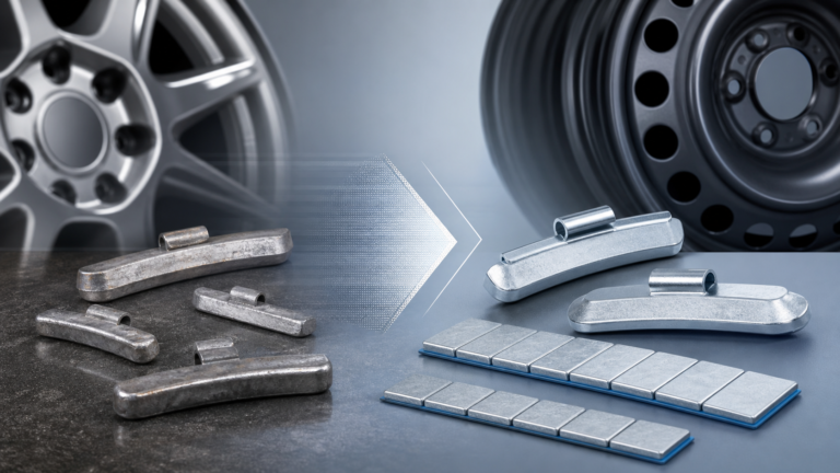 Steel clip-on and adhesive wheel weights illustrating the shift from lead to steel