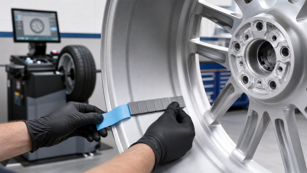 Technician installing segmented stick-on wheel weights inside an alloy wheel barrel