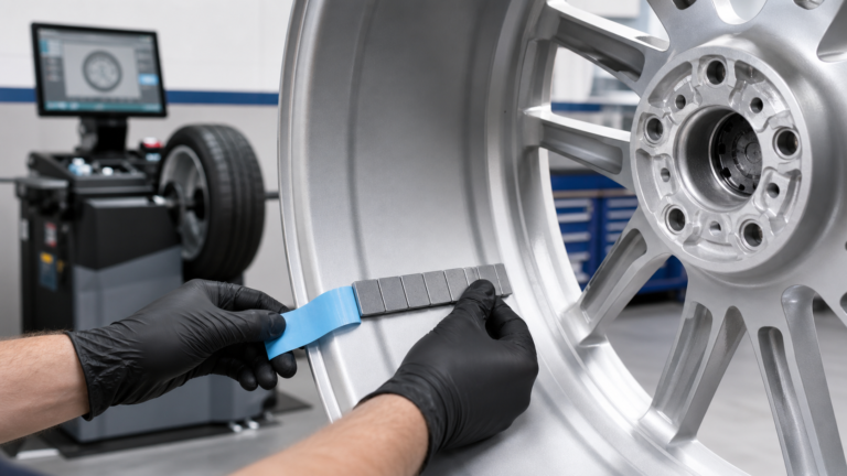 Technician installing segmented stick-on wheel weights inside an alloy wheel barrel
