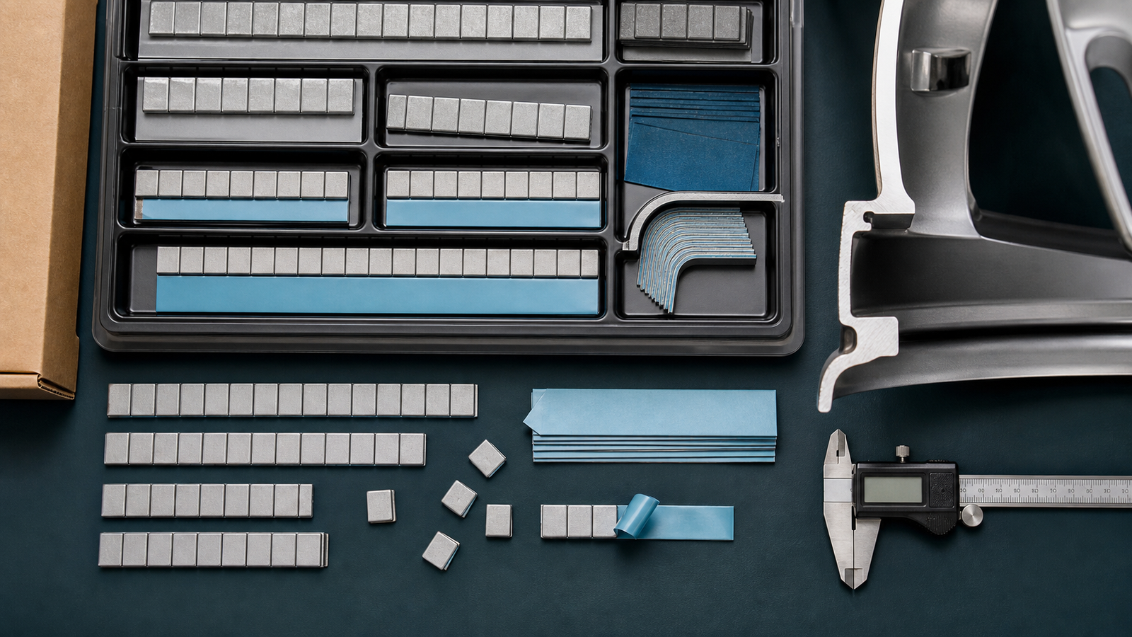 Stick-On Wheel Weights for Alloy Wheels: Sizes, Tape, and Installation Guide 2 Adhesive wheel weight strips and segments arranged in trays beside an alloy rim section and caliper