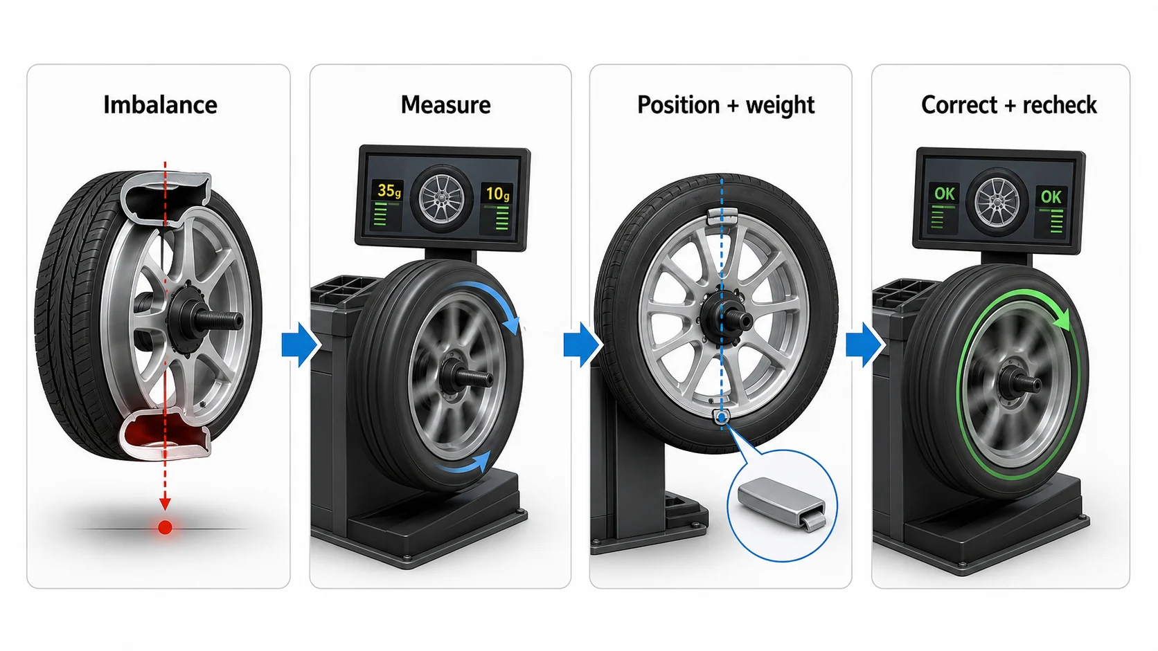 Process diagram showing tire balancing using wheel weights