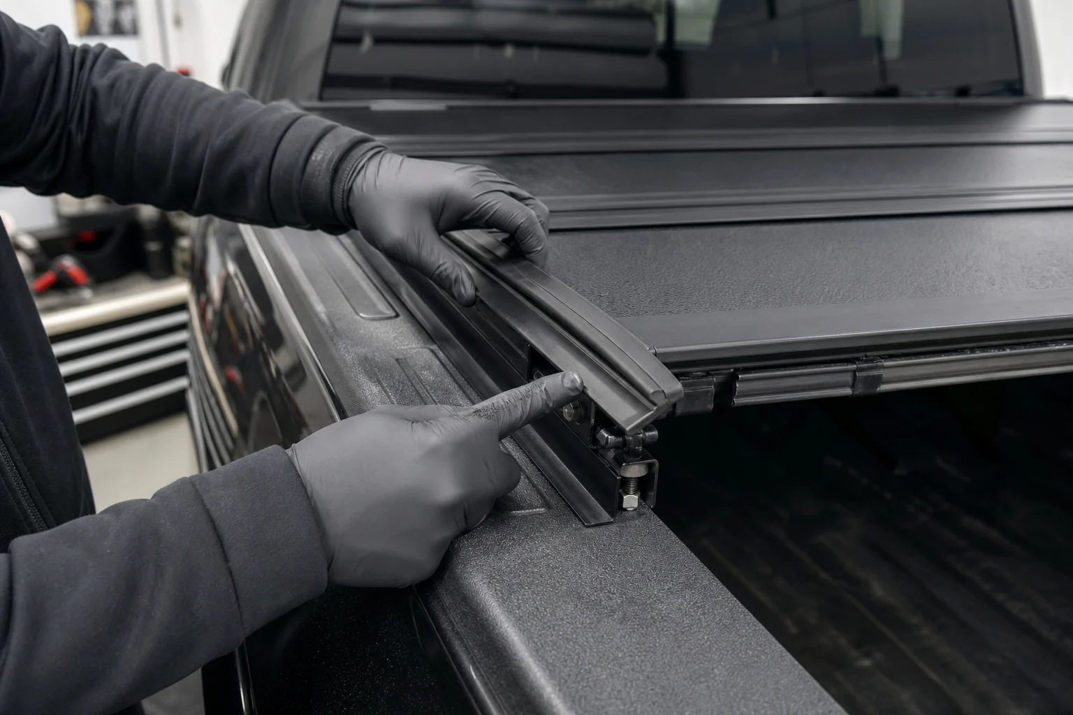 Technician checking the rail seal and clamp fitment on a folding tonneau cover installed on a pickup truck bed