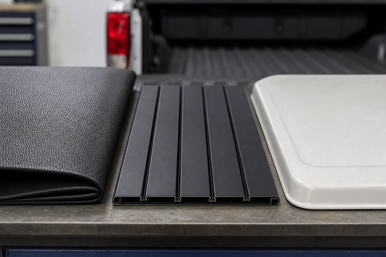 Close-up comparison of vinyl, aluminum, and fiberglass tonneau cover material samples on a workshop bench