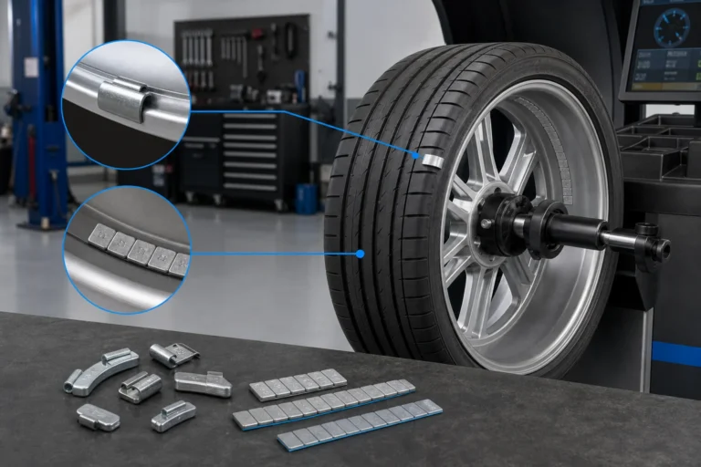 Clip-on and stick-on wheel weights shown beside an alloy wheel on a balancing machine