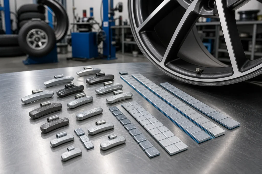 Clip-on and stick-on wheel balance weights arranged beside an alloy wheel rim in a professional tire service workshop