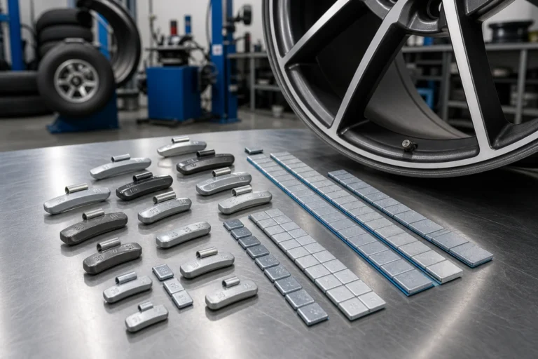 Clip-on and stick-on wheel balance weights arranged beside an alloy wheel rim in a professional tire service workshop