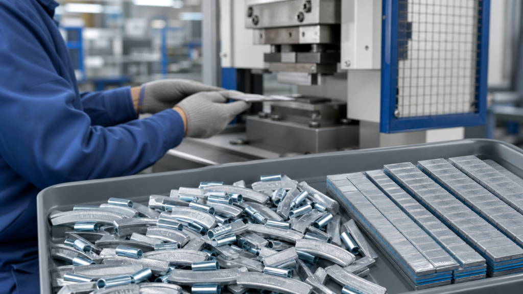 Steel clip-on and adhesive wheel balance weights beside a stamping press in a clean factory