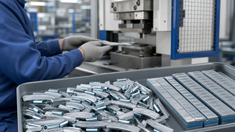 Steel clip-on and adhesive wheel balance weights beside a stamping press in a clean factory