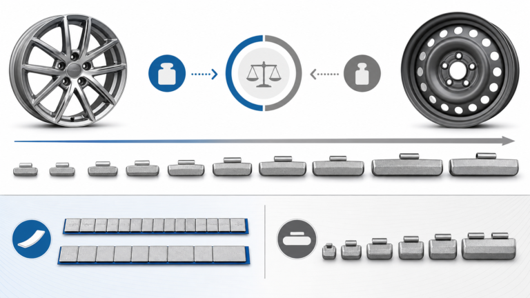 Visual comparison of clip-on and adhesive wheel weight size ranges for steel and alloy wheels