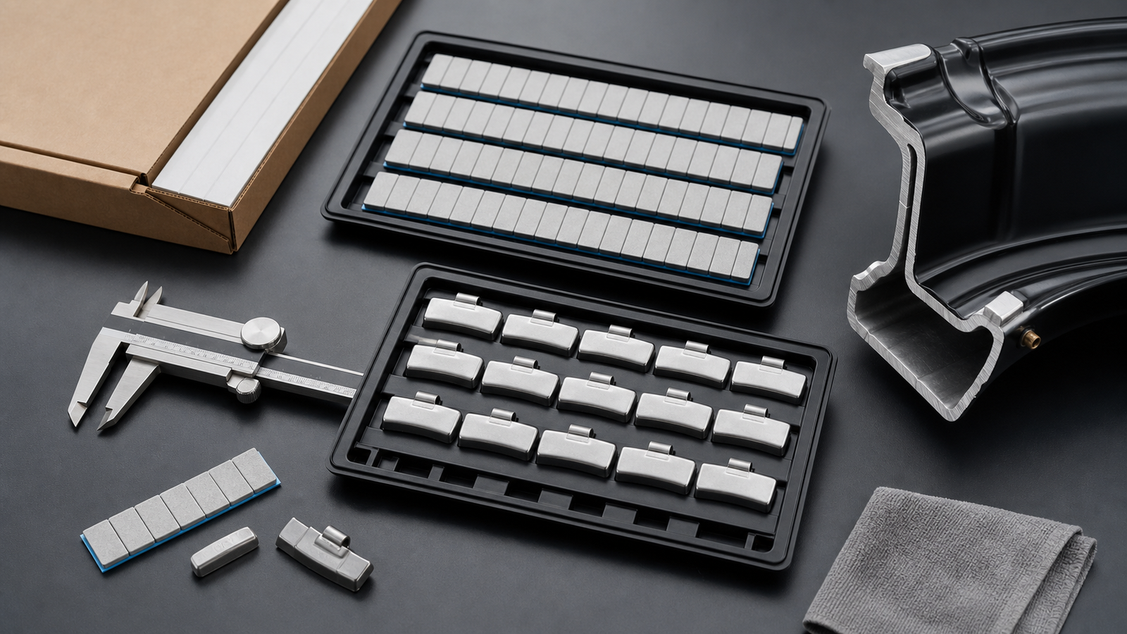 Wheel Weight Size Chart: Grams, Ounces, and Common Specifications 2 Wheel weight trays, caliper, rim cross-section, and packaging used for size specification checks