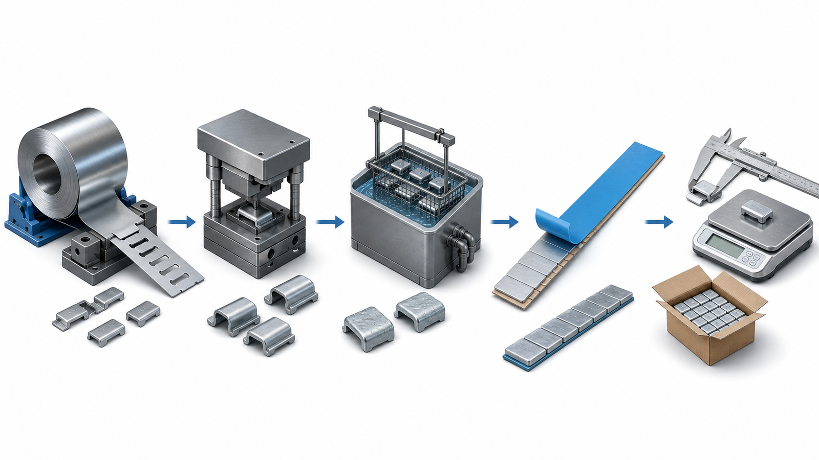 Steel wheel-weight stamping, coating, tape, and inspection process