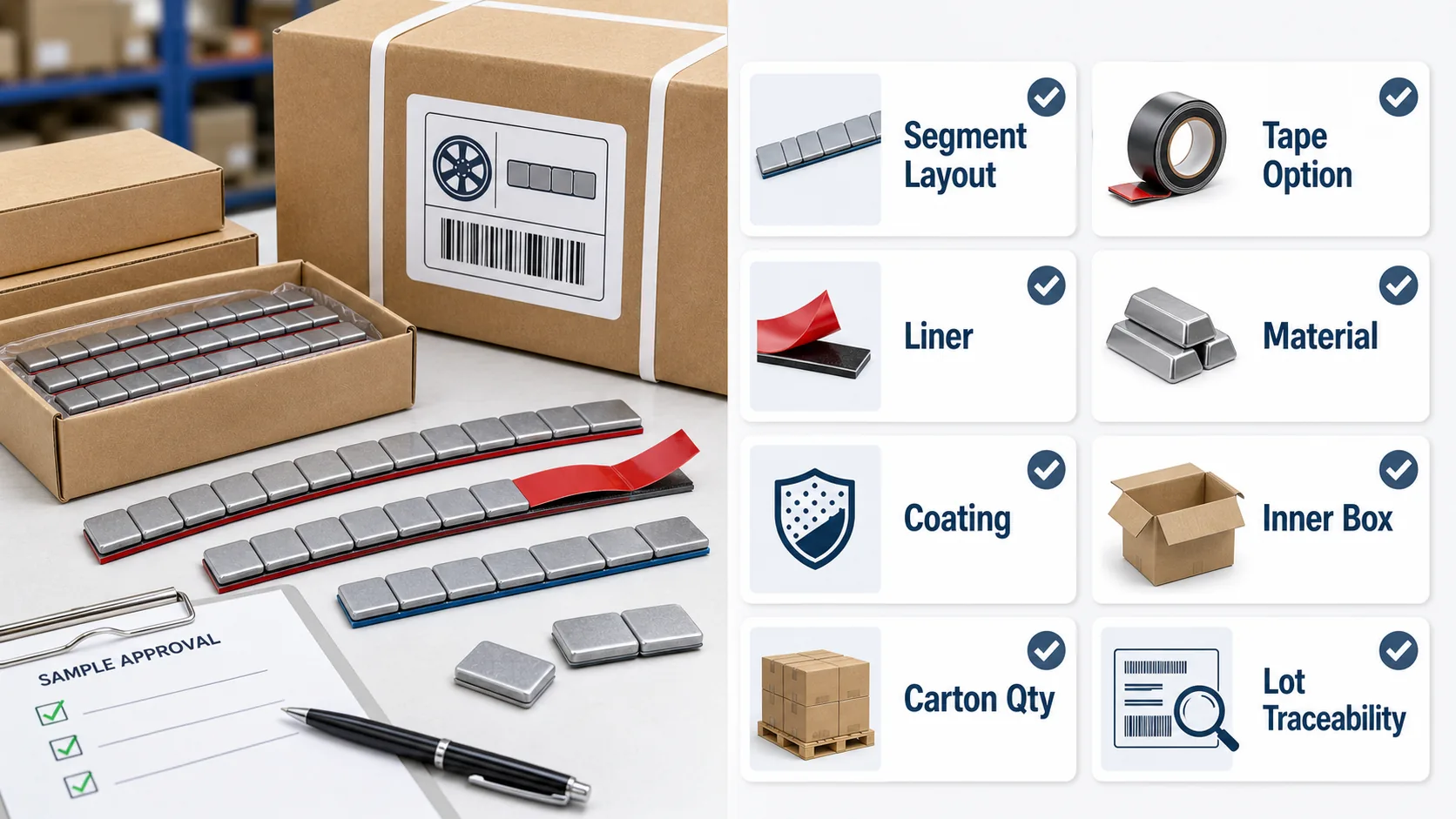 Wheel Weight Strips: Segment Sizes, Tape Options, and Bulk Buying 2 Bulk buying checklist for wheel weight strips including segment layout, tape option, liner, material, coating, inner box, carton quantity, and lot traceability