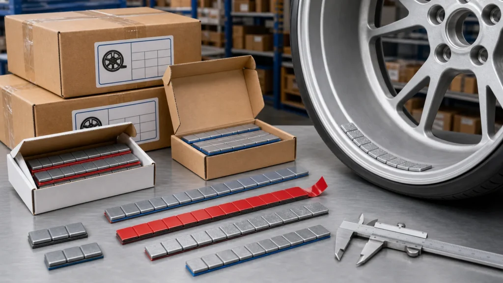 Wheel weight strips with tape liners, sample boxes, bulk cartons, caliper, and alloy wheel section