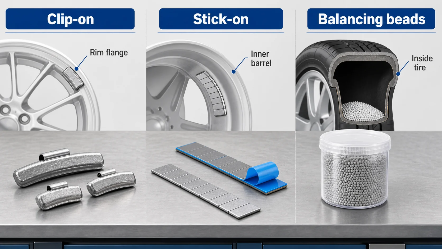What Are Wheel Weights? Purpose, Types, and How They Work 2 Comparison of clip-on weights, stick-on weights, and balancing beads
