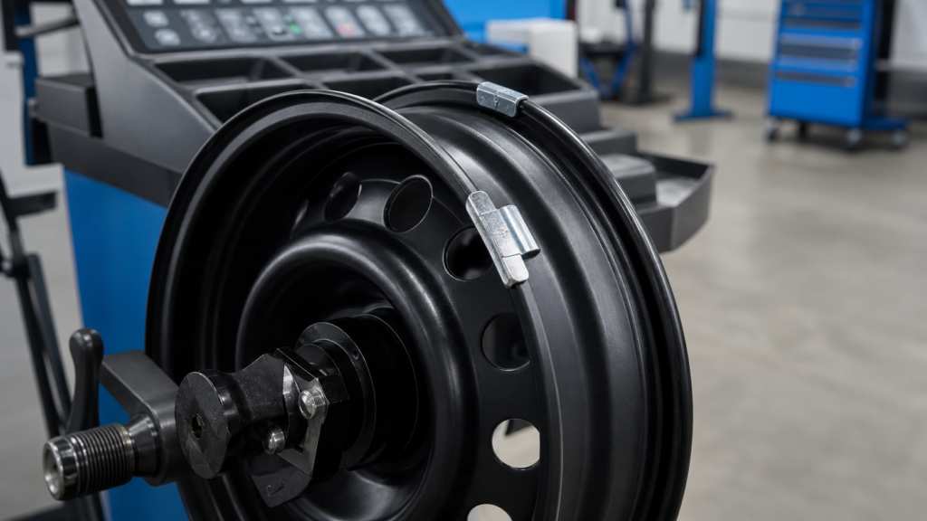 Clip-on wheel weights fitted to the rim flange of a black painted steel wheel on a balancing machine
