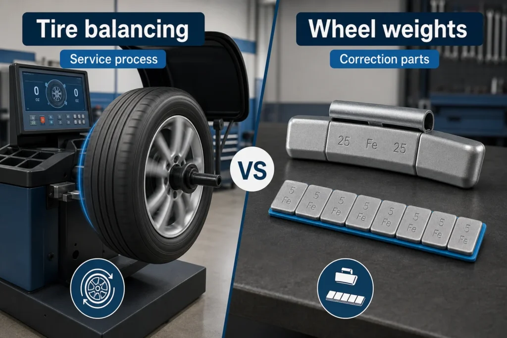 Split image comparing tire balancing as a service process with wheel weights as correction parts