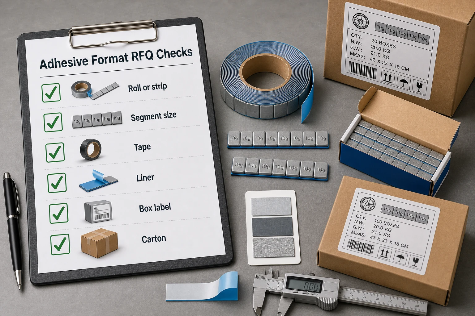 Wheel Weight Rolls vs Strips: Which Adhesive Format Fits Your Market? 2 Adhesive format RFQ checklist covering roll or strip, segment size, tape, liner, box label, and carton requirements.