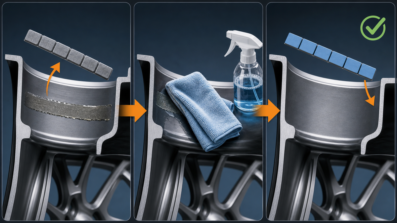 Three-stage adhesive wheel weight removal, residue cleaning, and clean rim preparation process