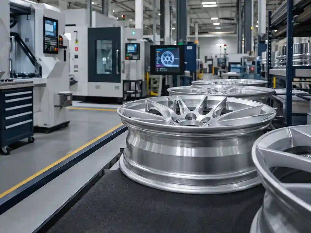 Alloy wheel factory workshop showing polished aluminum rims in production for B2B sourcing programs