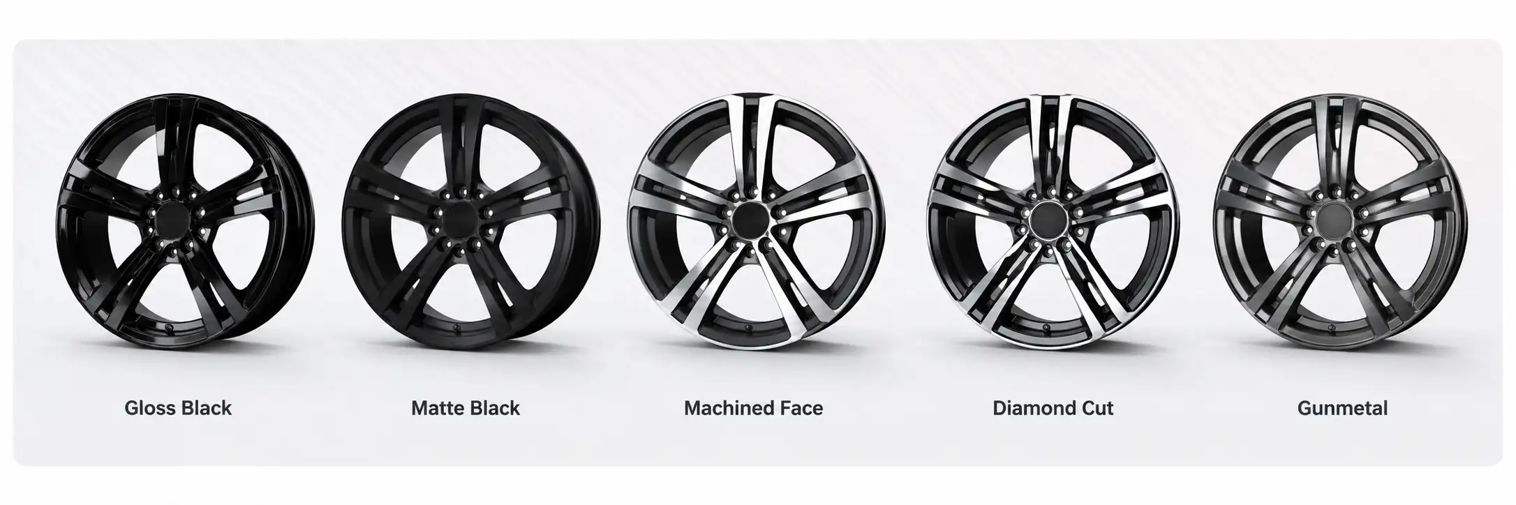 Alloy wheel finish samples showing gloss black, matte black, machined face, diamond cut and gunmetal wheel finishes