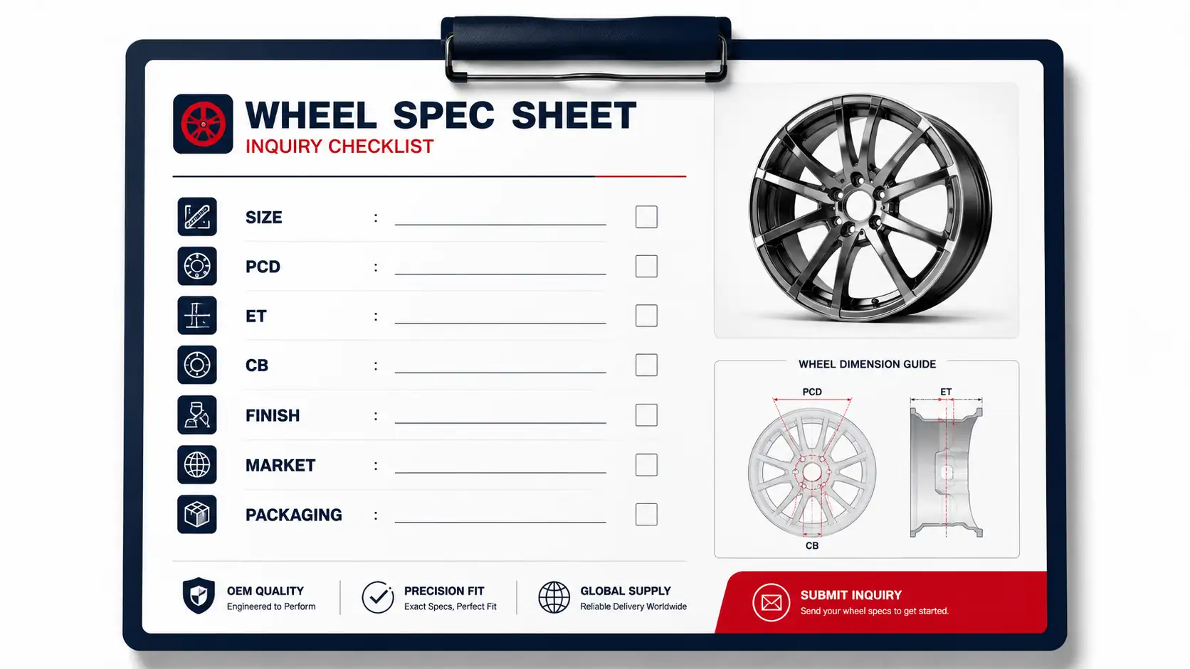Alloy wheel spec sheet inquiry checklist showing size, PCD, ET, CB, finish, market and packaging fields