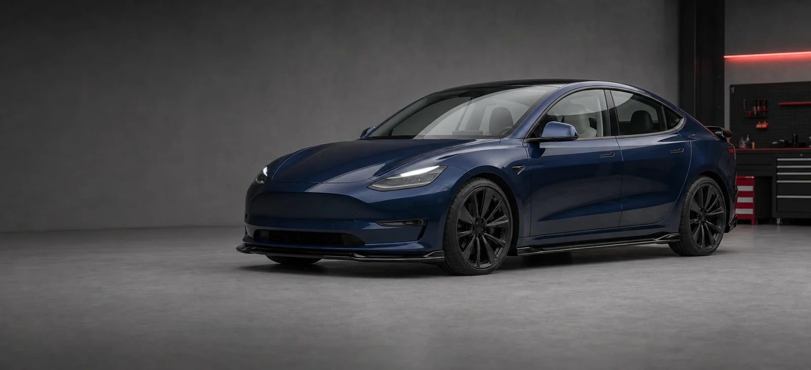 Unbranded electric sedan with gloss black front lip, side skirts and trunk spoiler in an automotive studio