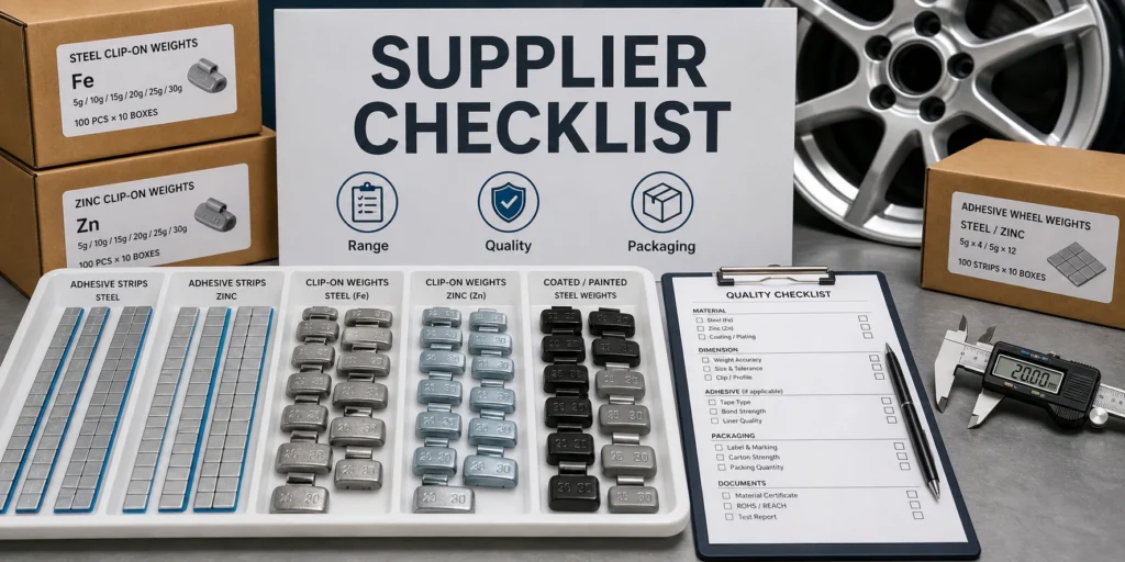 Lista de verificación del proveedor de pesas de rueda automotrices con muestras de gama de productos, hoja de calidad, cajas y calibrador