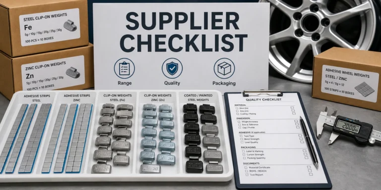 Lista de verificación del proveedor de pesas de rueda automotrices con muestras de gama de productos, hoja de calidad, cajas y calibrador