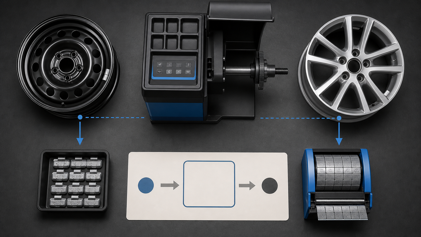 Balancing machine output connected to wheel weight formats