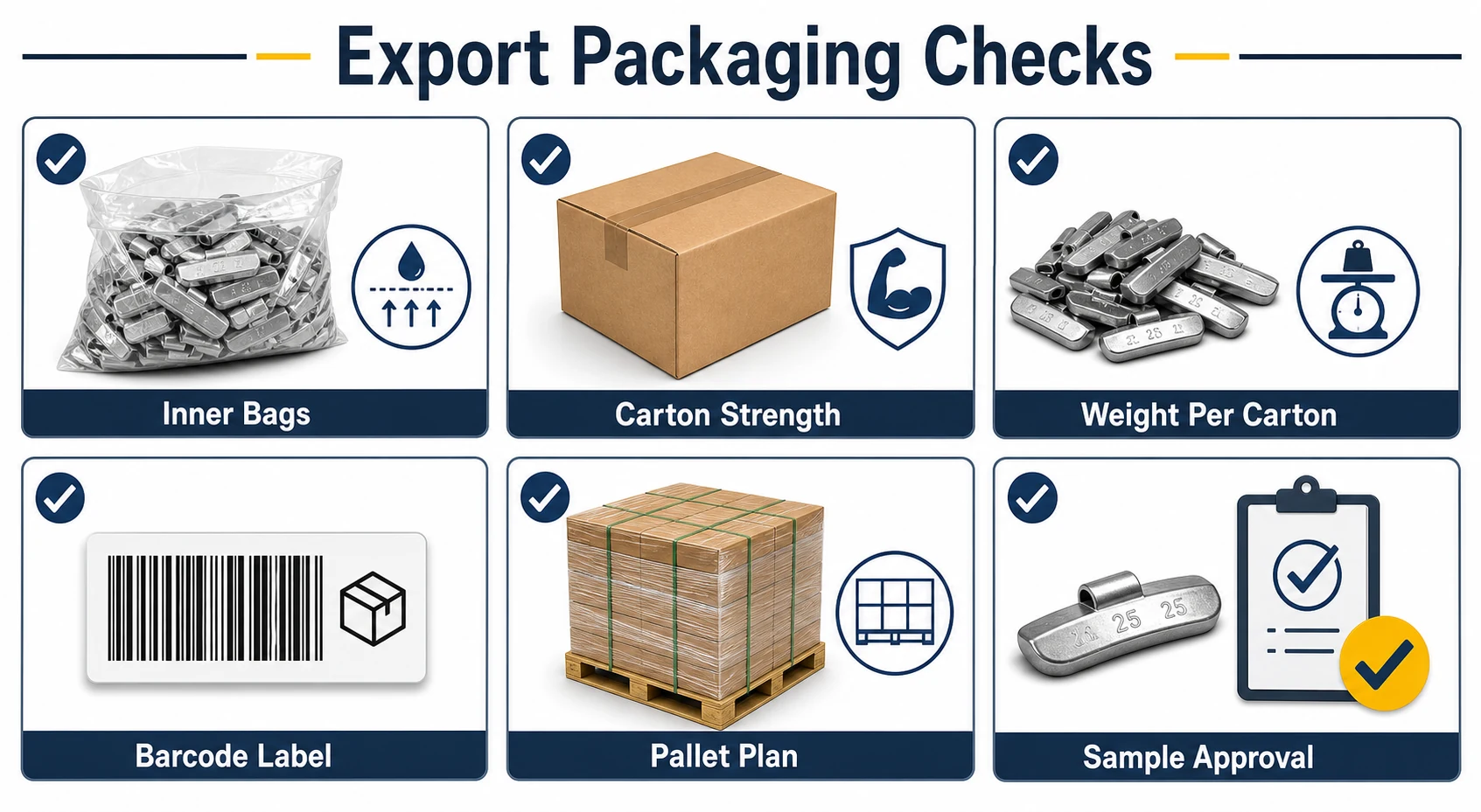 Bulk Wheel Weights: MOQ, Packaging, SKU Mix, and Export Buying 2 Export packaging checks for bulk wheel weights