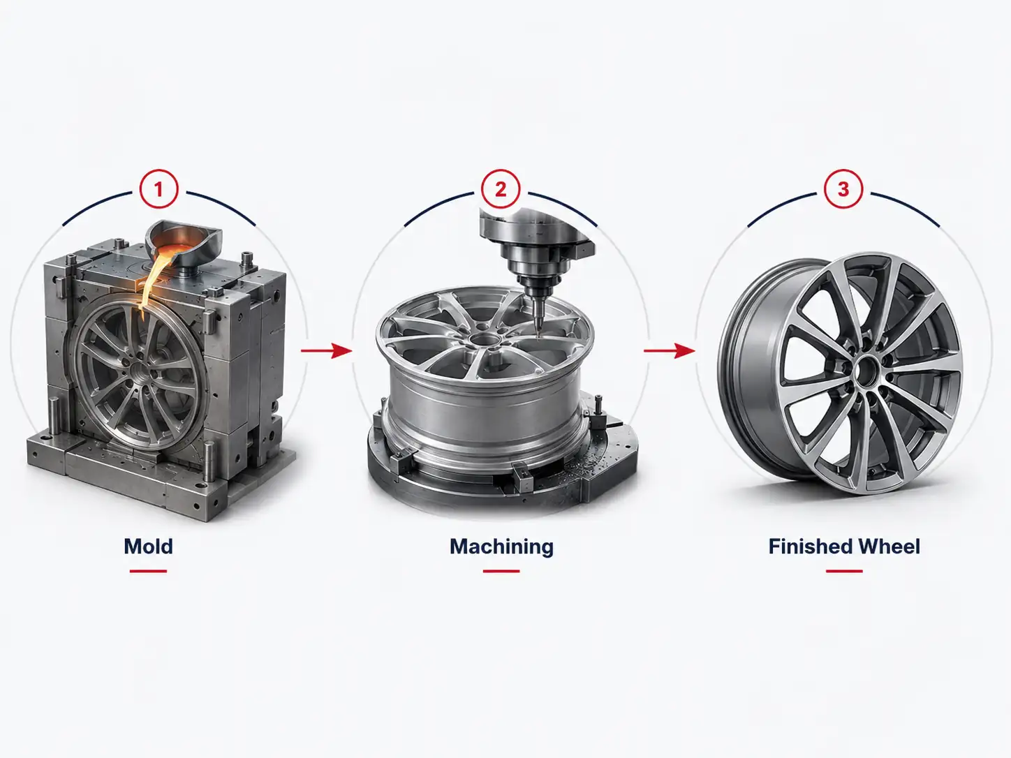Cast alloy wheel manufacturing process showing mold casting, machining and finished wheel stages