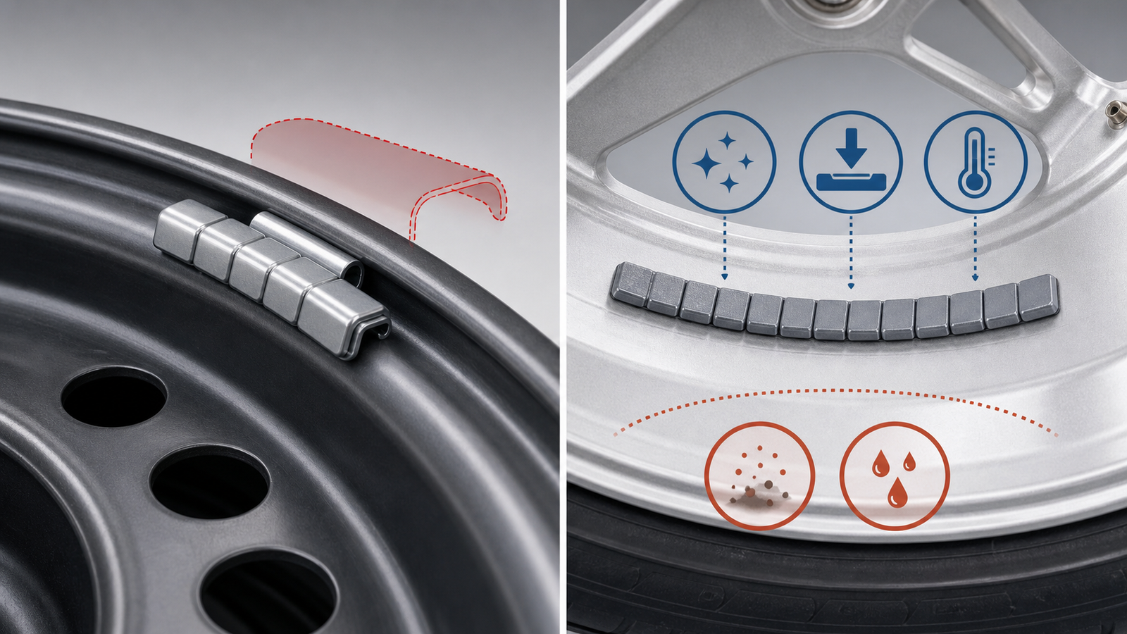 Installation comparison for clip-on and adhesive wheel weights