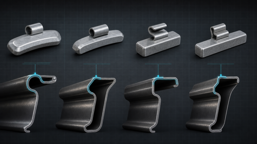 Four different clip-on wheel weight profile families paired with compatible steel rim flange cross sections