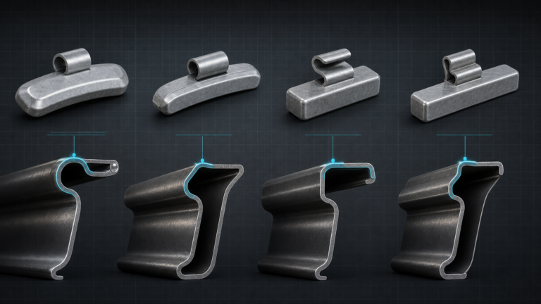 Four different clip-on wheel weight profile families paired with compatible steel rim flange cross sections