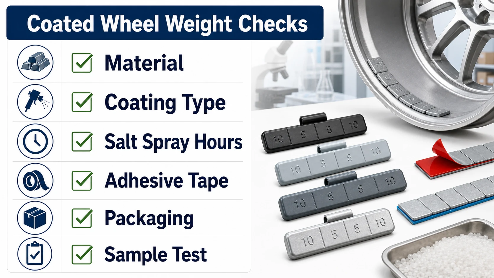 Coated wheel weight buying checks for material coating salt spray tape packaging and samples