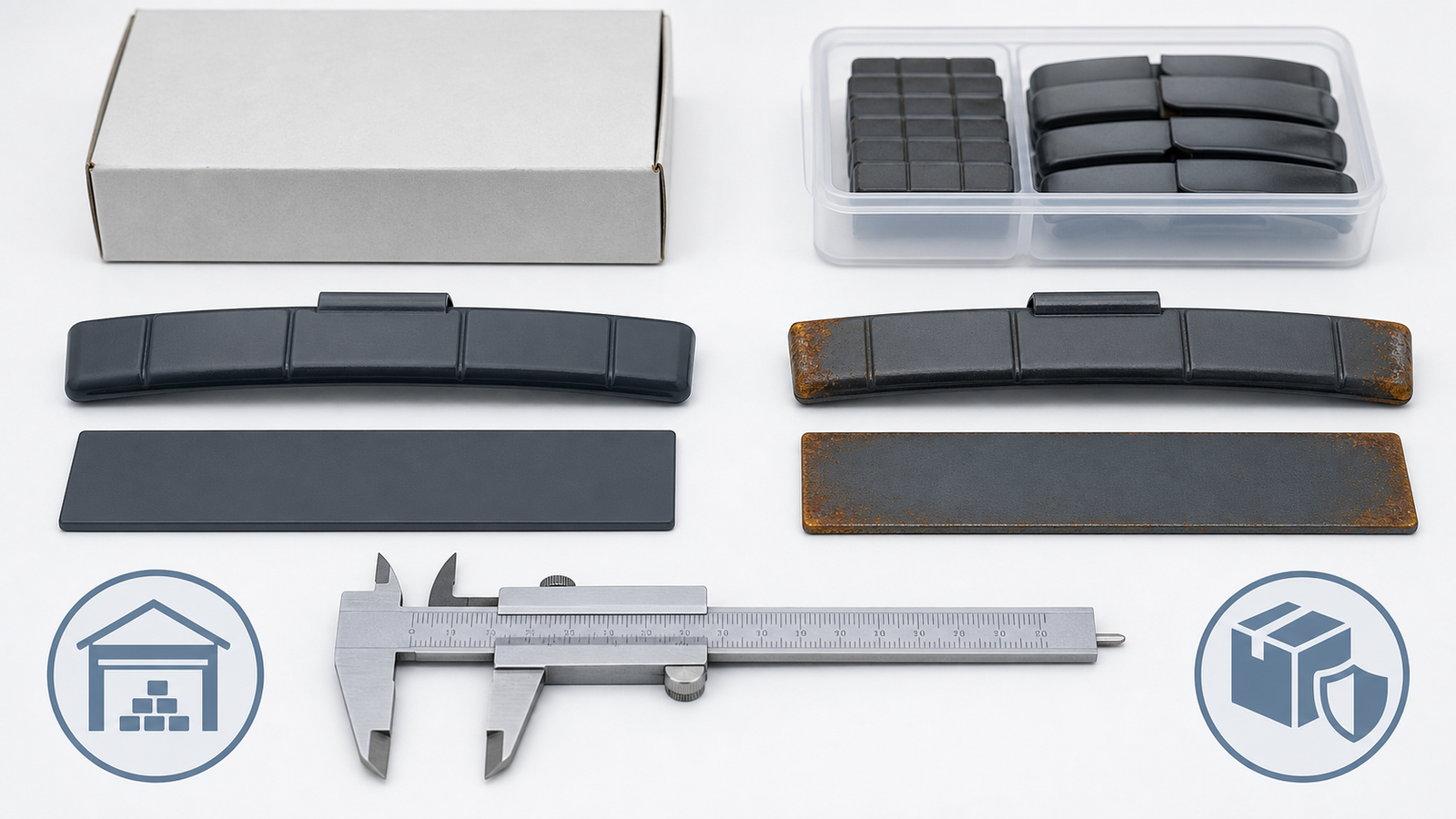 Wheel Weight Corrosion Testing: How Buyers Assess Coated Steel Weights 2 Comparison of intact coated steel wheel weights and coupons with deliberately exposed edges showing corrosion, beside protective packaging